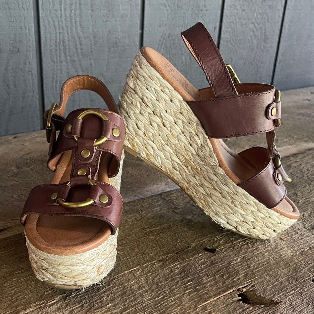 Lucky Brand Brown Leather Wedge Espadrille Platform Sandals